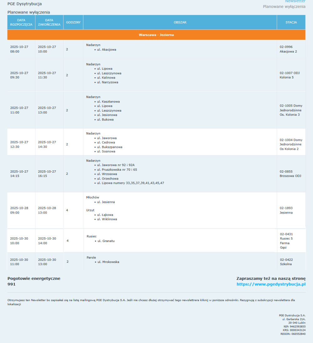 Planowane wyłączenia prądu